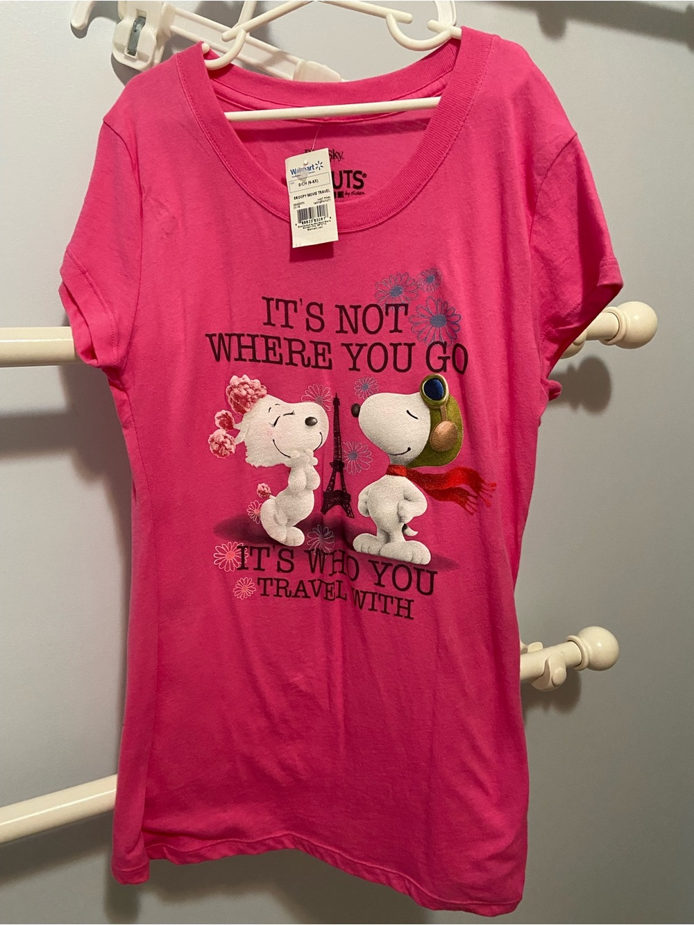 Peanuts Girls Adorable Hot Pink Snoopy & Woodstock in Paris Eiffel Tower Tee